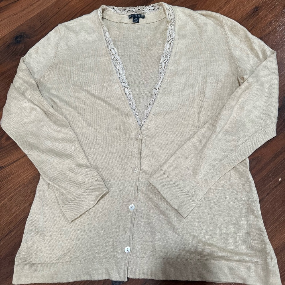 Lafayette 148 Sweater Women Medium Tan color Cardigan 100% Linen Lightweight